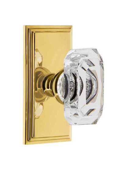 Grandeur Carre Rosette Door Set with Clear Crystal-Glass Baguette Knobs in Polished Brass.